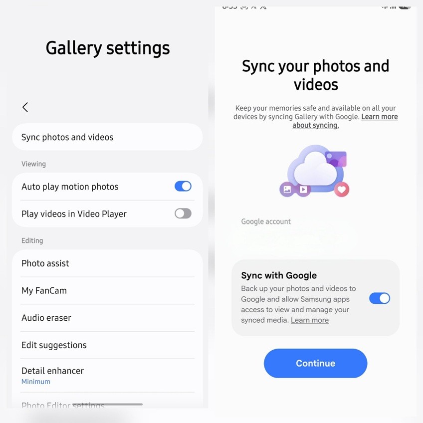 Tela de configurações da Galeria da Samsung com a opção de sincronizar fotos e vídeos com o Google