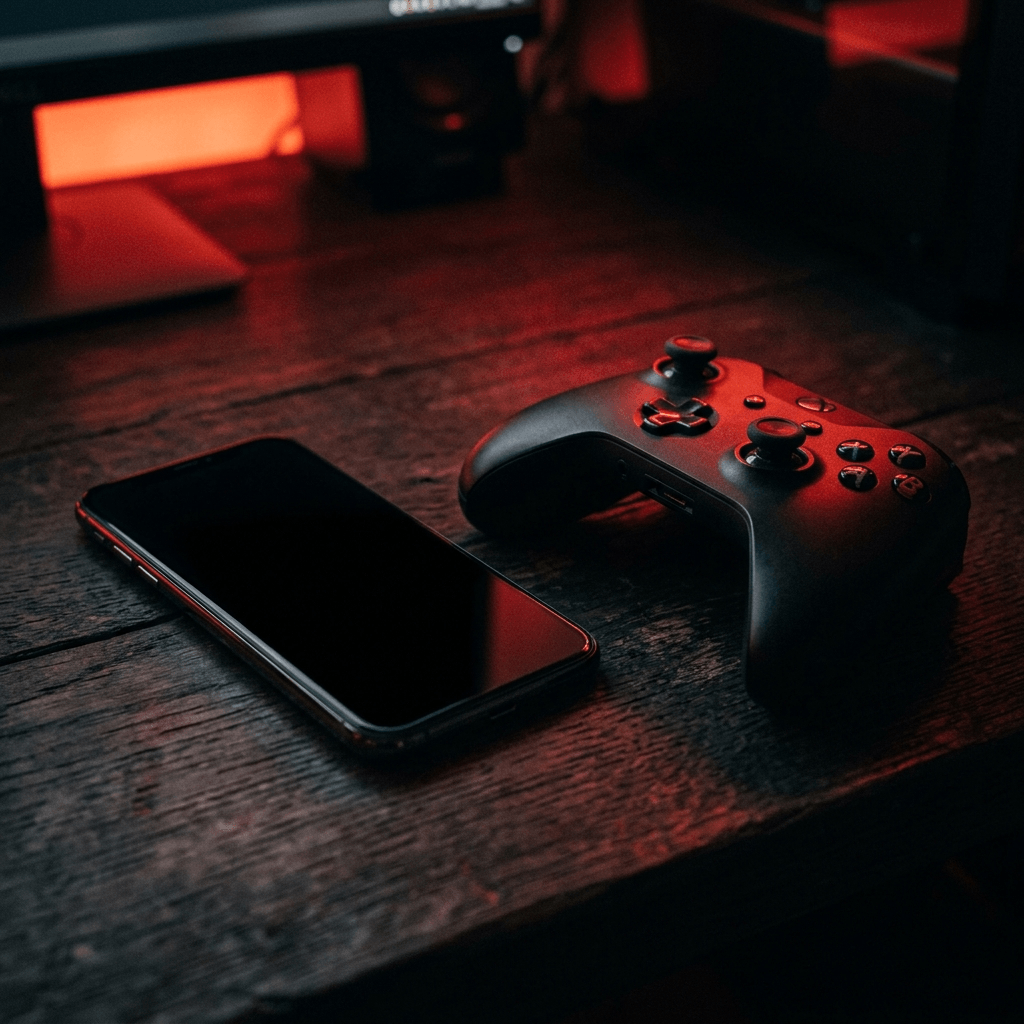 Celular com a tela apagada ao lado de um controle de videogame sobre uma mesa