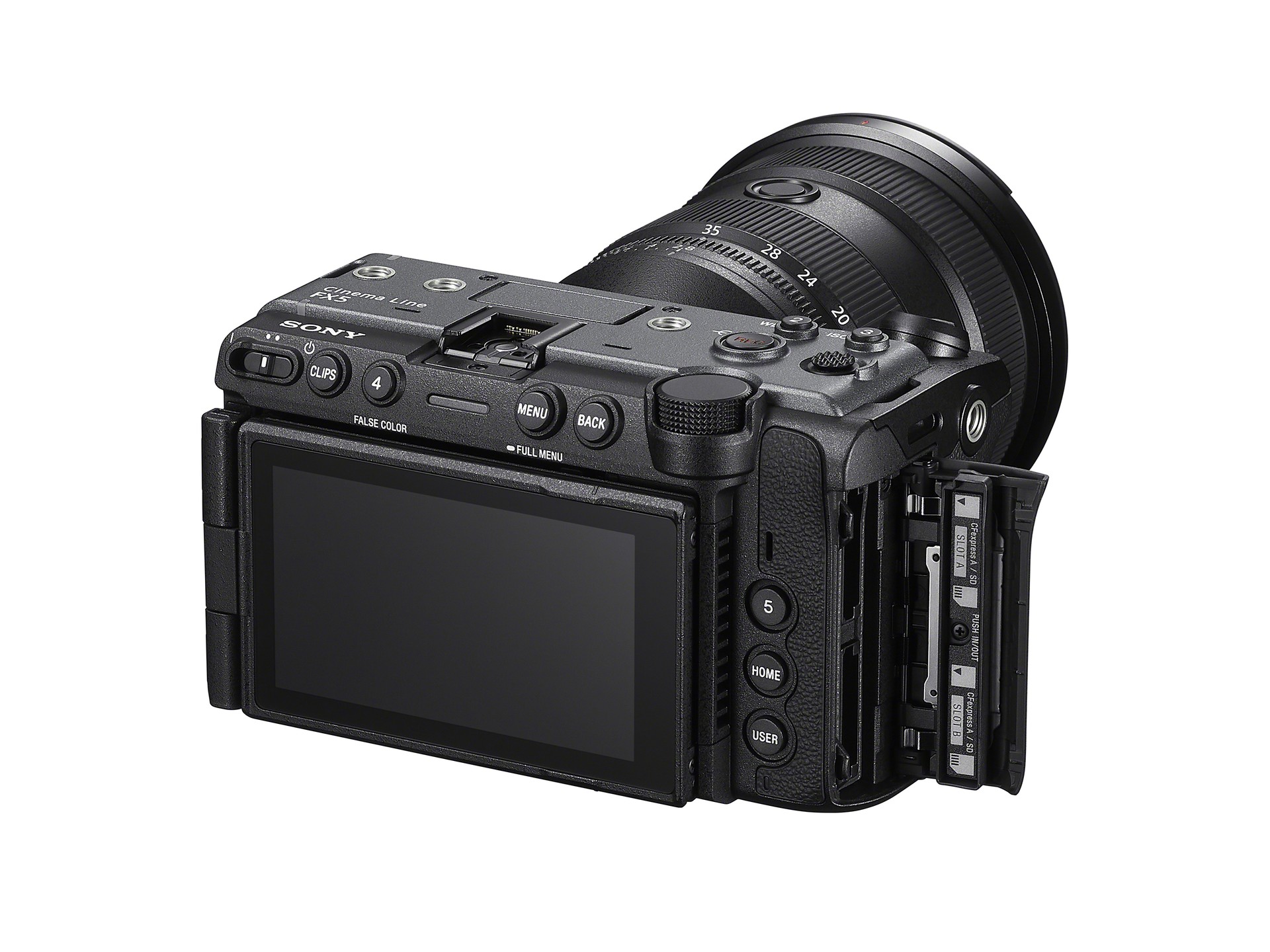Sony FX5 com a etiqueta Cinema Line e slots de cartão CFexpress/SD
