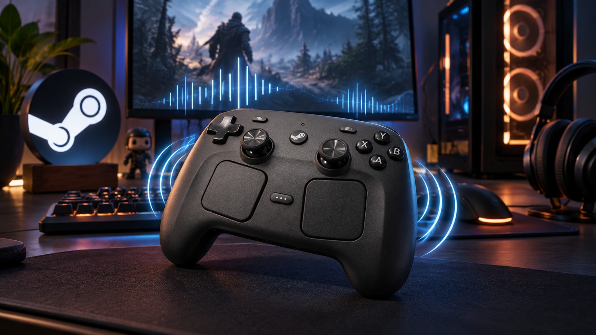 Ilustração do Steam Controller com ondas sonoras, em uma mesa de PC gamer