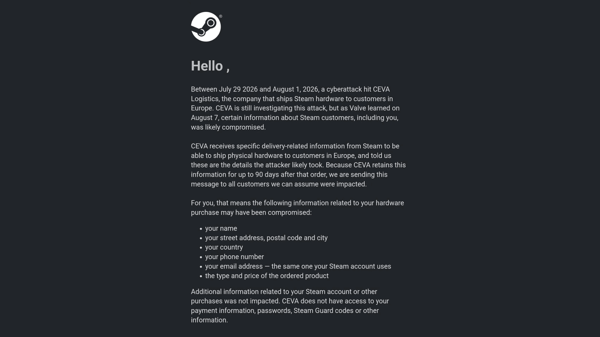 Steam sofre vazamento de dados após ataque à empresa CEVA Logistics