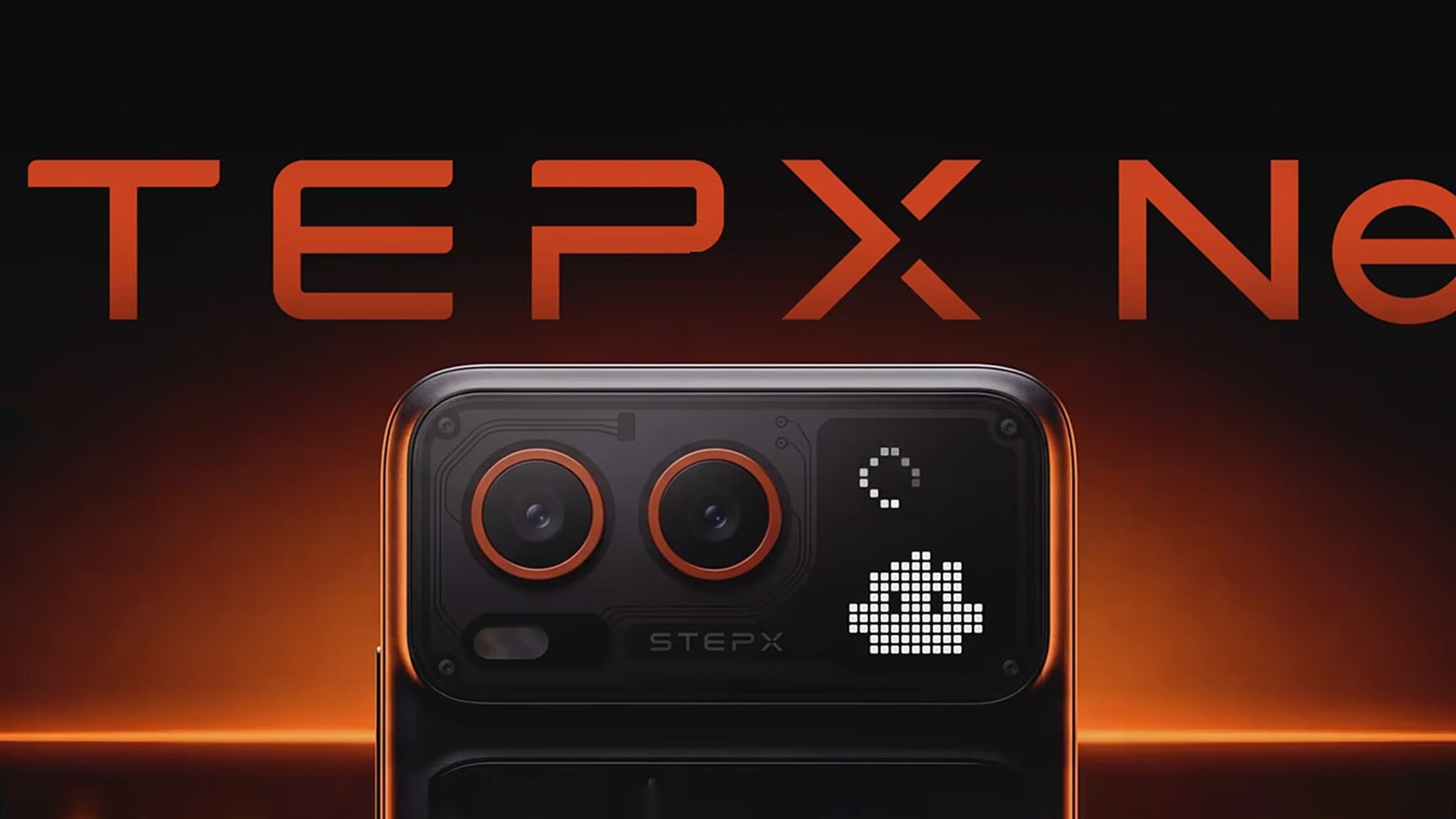 Detalhe do módulo de câmeras do StepX Neo, com painel de LED em matriz de pontos
