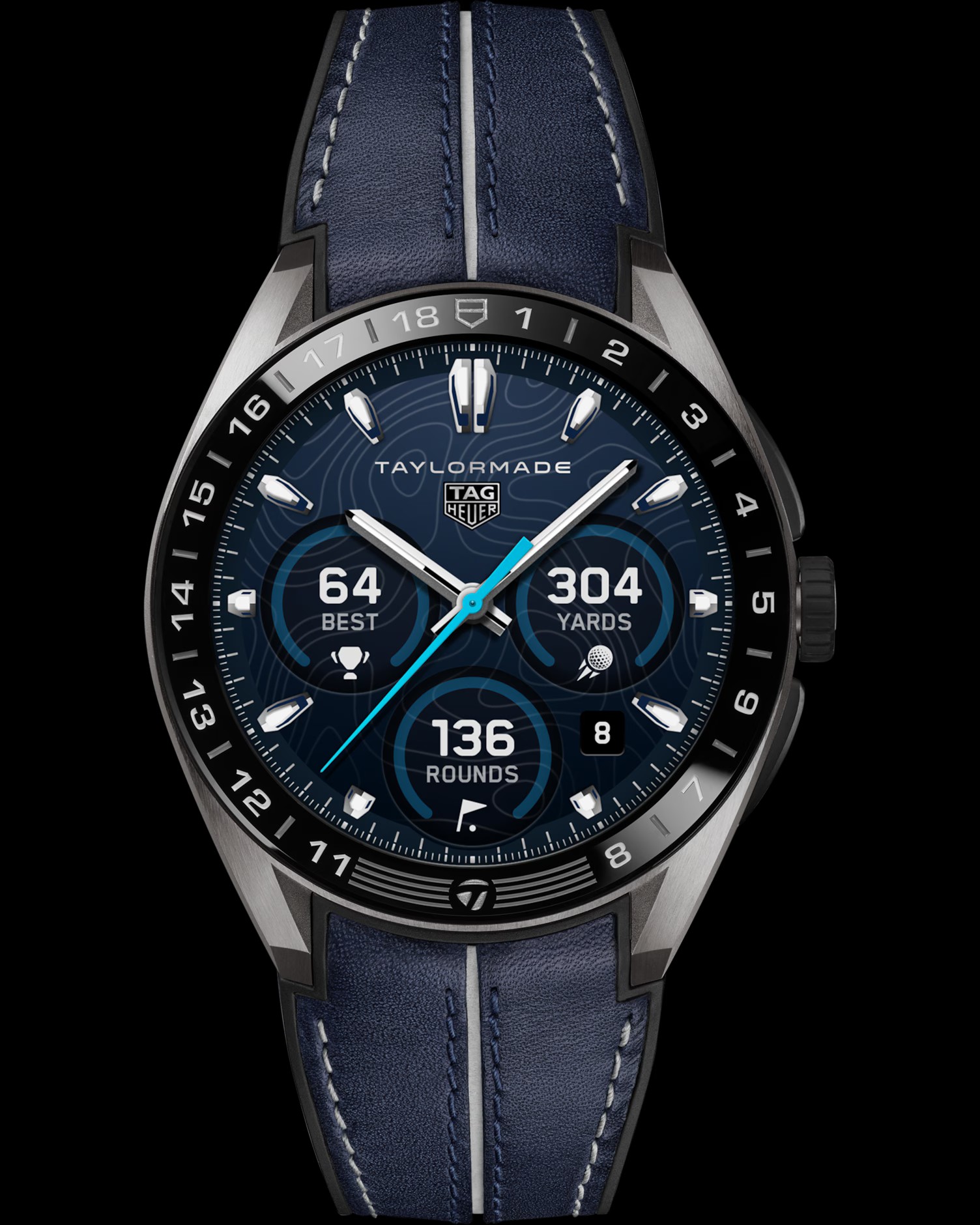 Detalhe da caixa de titânio e coroa cerâmica do Tag Heuer Connected Calibre E5 x TaylorMade