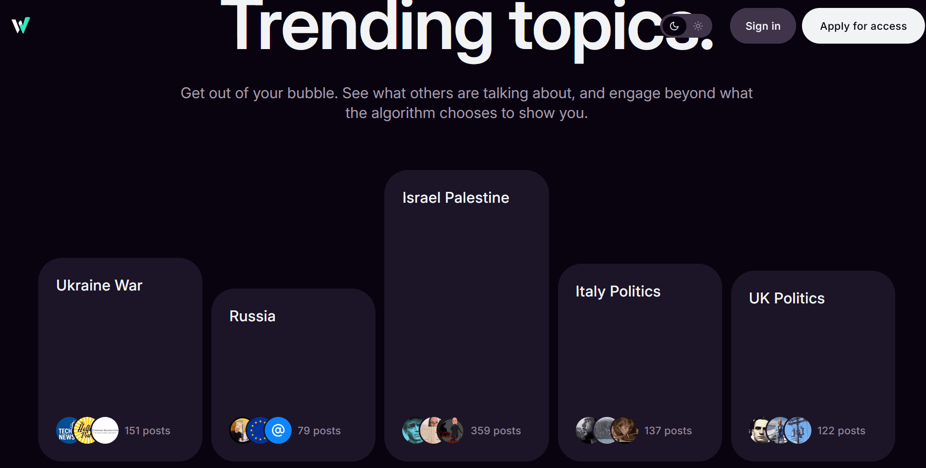 Interface da rede social europeia W