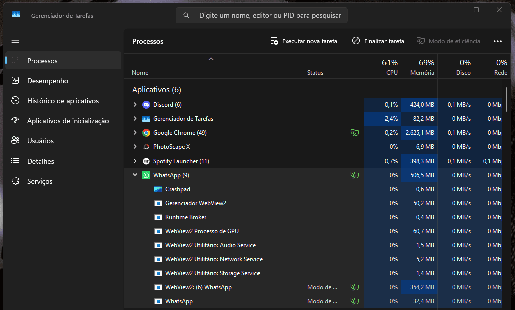 Interface do WhatsApp para desktop no Windows
