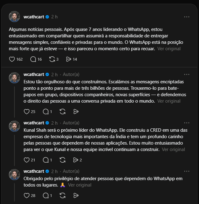 Anúncio da saída de Will Cathcart do WhatsApp