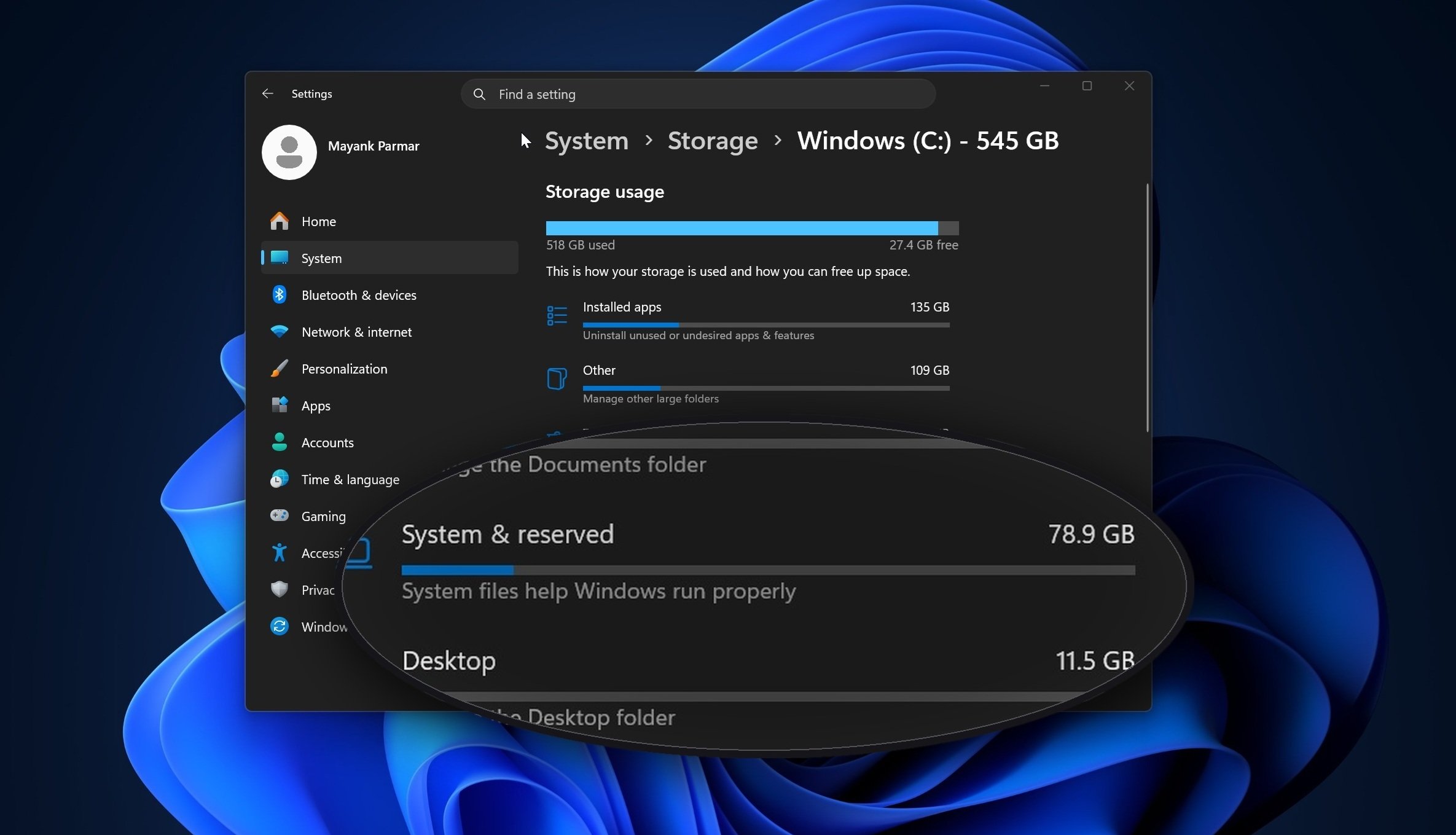 Print mostrando o armazenamento do Windows 11 sendo ocupado pelo bug