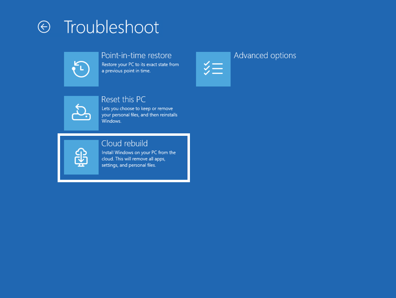 Opção Cloud Rebuild no menu de recuperação do Windows 11