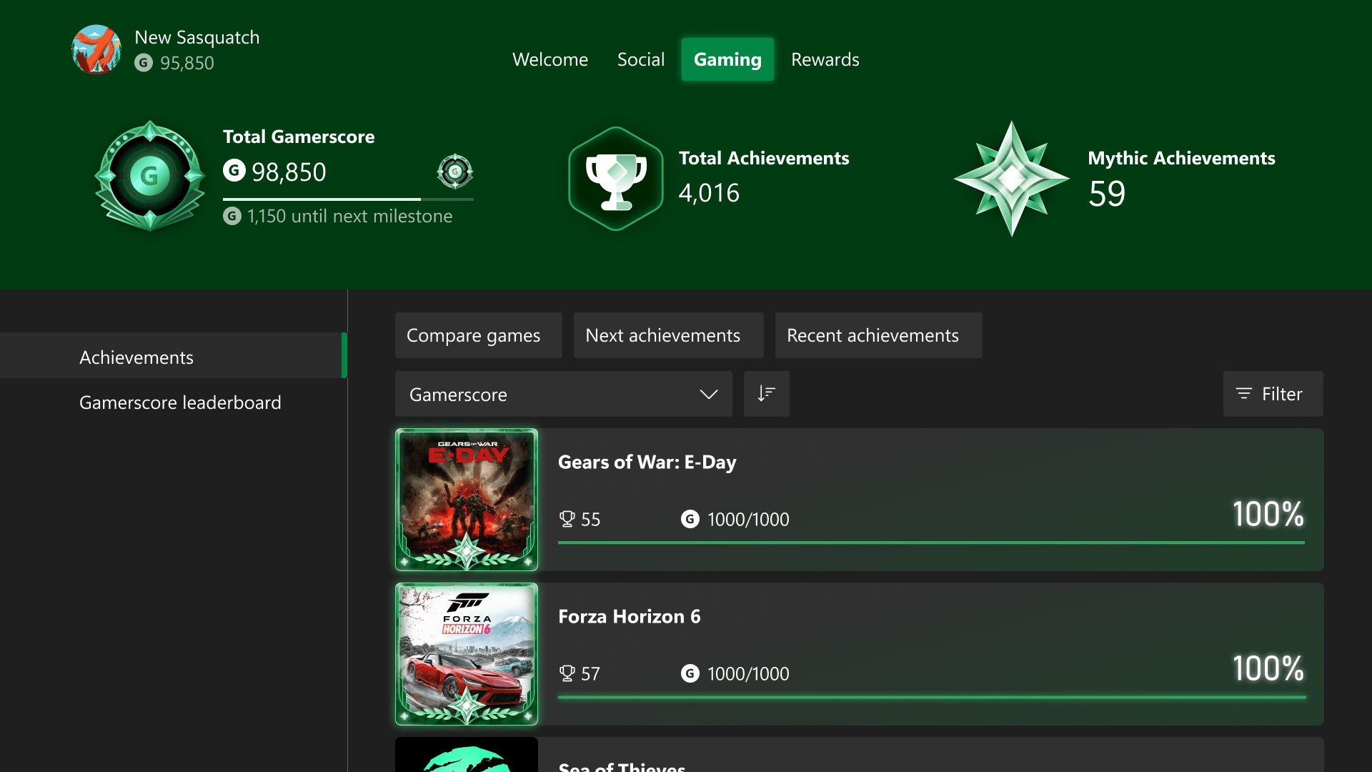 Perfil do Xbox mostrando a Conquista Mítica de Gears of War: E-Day