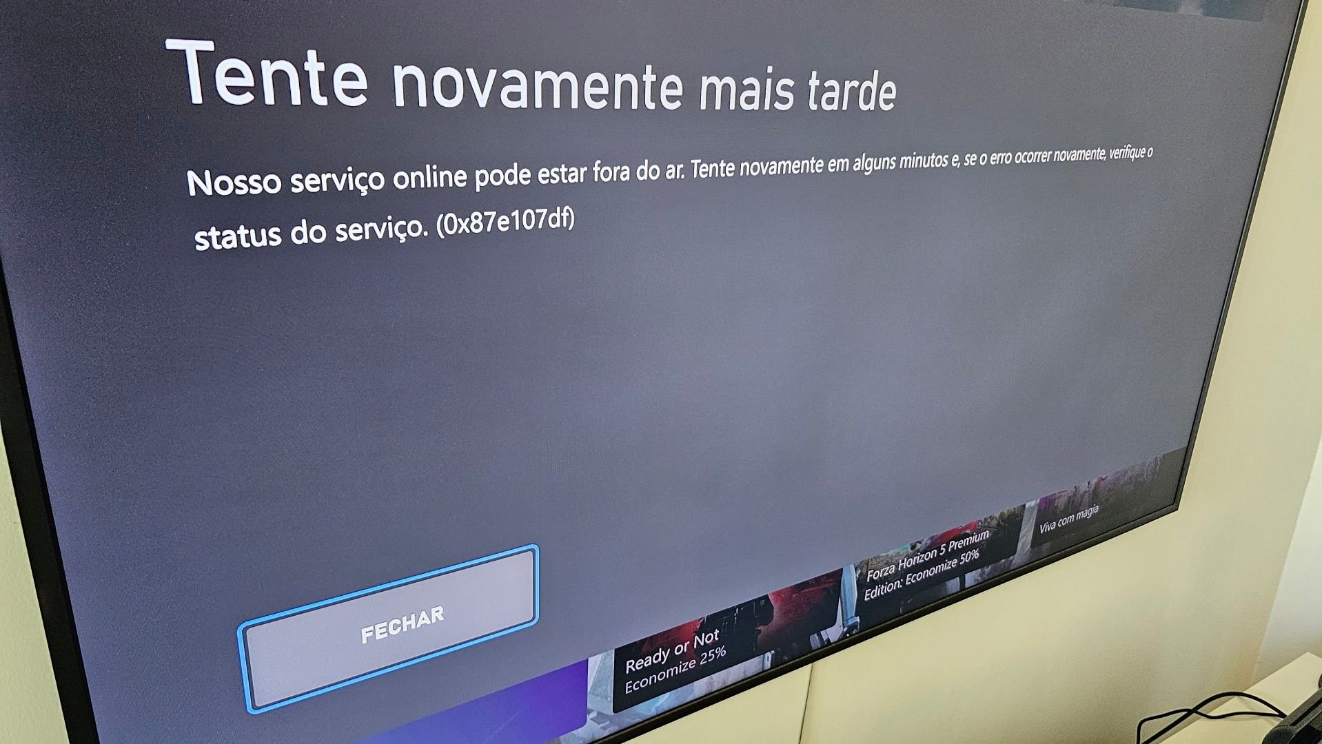 Tela de erro do Xbox durante a queda dos servidores