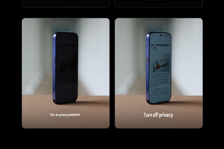 Teaser oficial da Xiaomi mostrando a tela de privacidade ligada e desligada