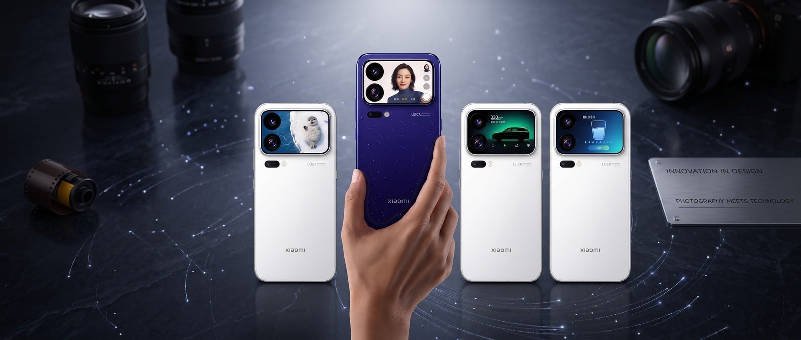 Teaser da linha Xiaomi 18 Pro com a tela traseira em diferentes cores