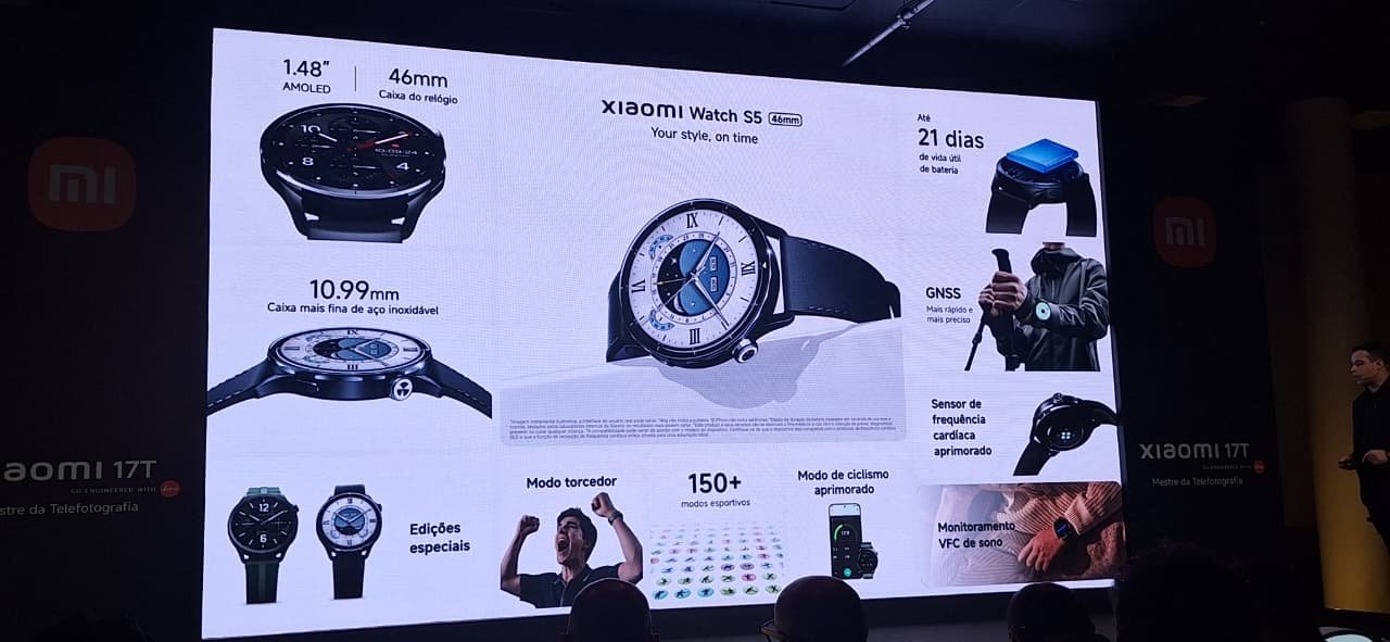 Xiaomi Watch S5 visto de frente e de lado